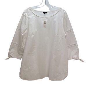 Talbots White Poplin Cotton Tunic Top L Tie Cuffs Cutout Lace on Sleeves Summer‎